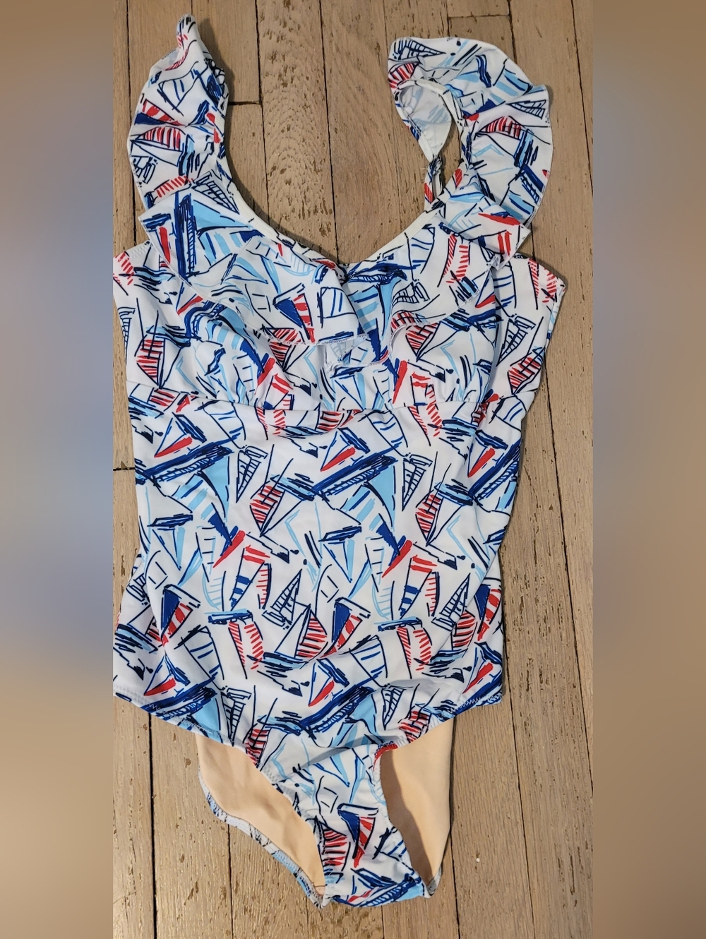 Cabana Life Nautical Red, White & Blue Swimsuit Ruffles July 4th Patriotic Sz L